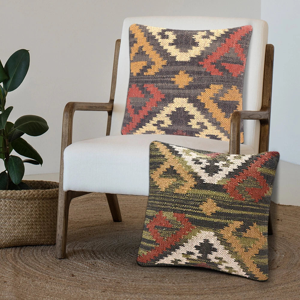 Handwoven Woll Jute Cushion Cover 18x18 Vinatge Sofa Pillow Case Kilim Chair Pad