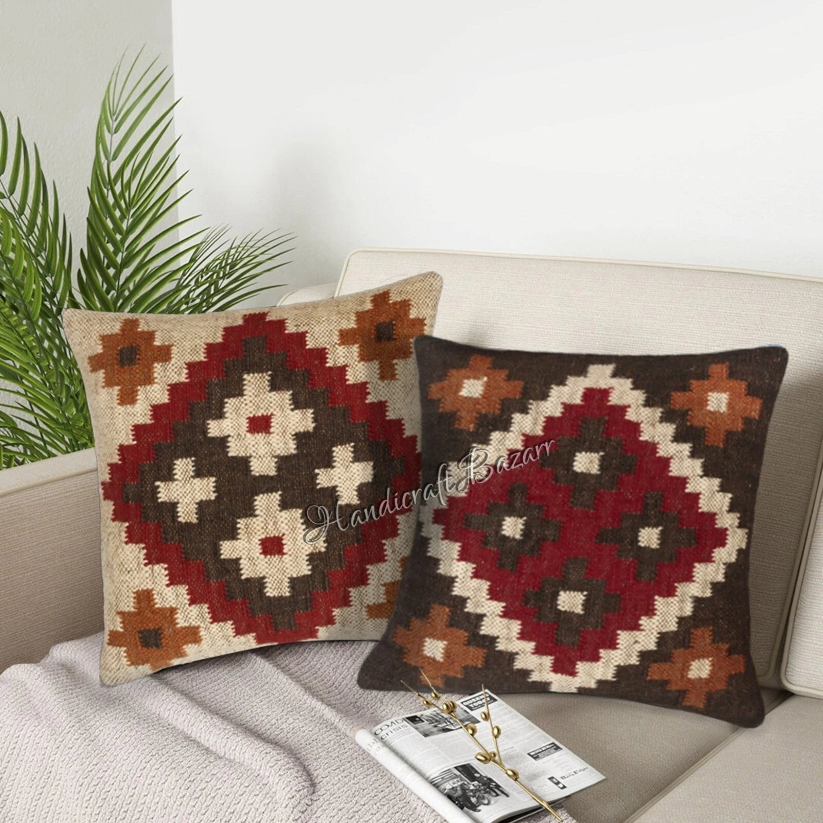 Rustic 2 Pc Kilim Cushion Cover Wool Jute Pillow Living Room Sofa Decor Boho Cas