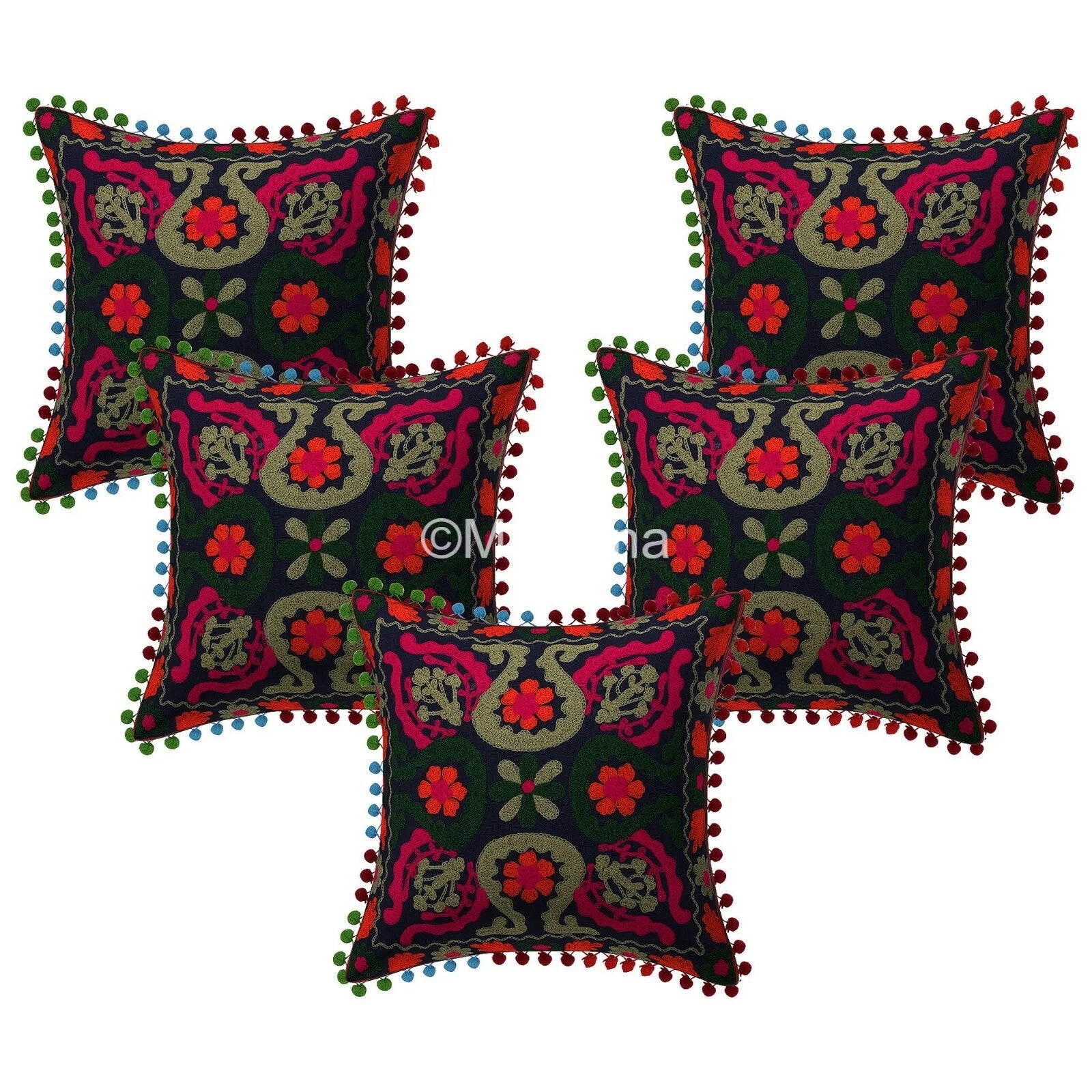 Indian Suzani Black Pillow Cover Embroidered Bed/Sofa Decor Set of 2 pc CUSHION