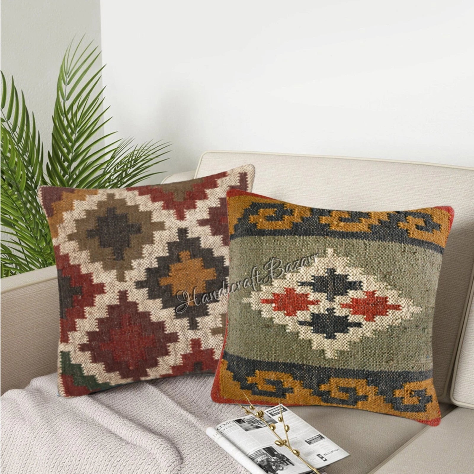 Rustic 2 Pc Kilim Cushion Cover Wool Jute Pillow Living Room Sofa Decor Boho Cas