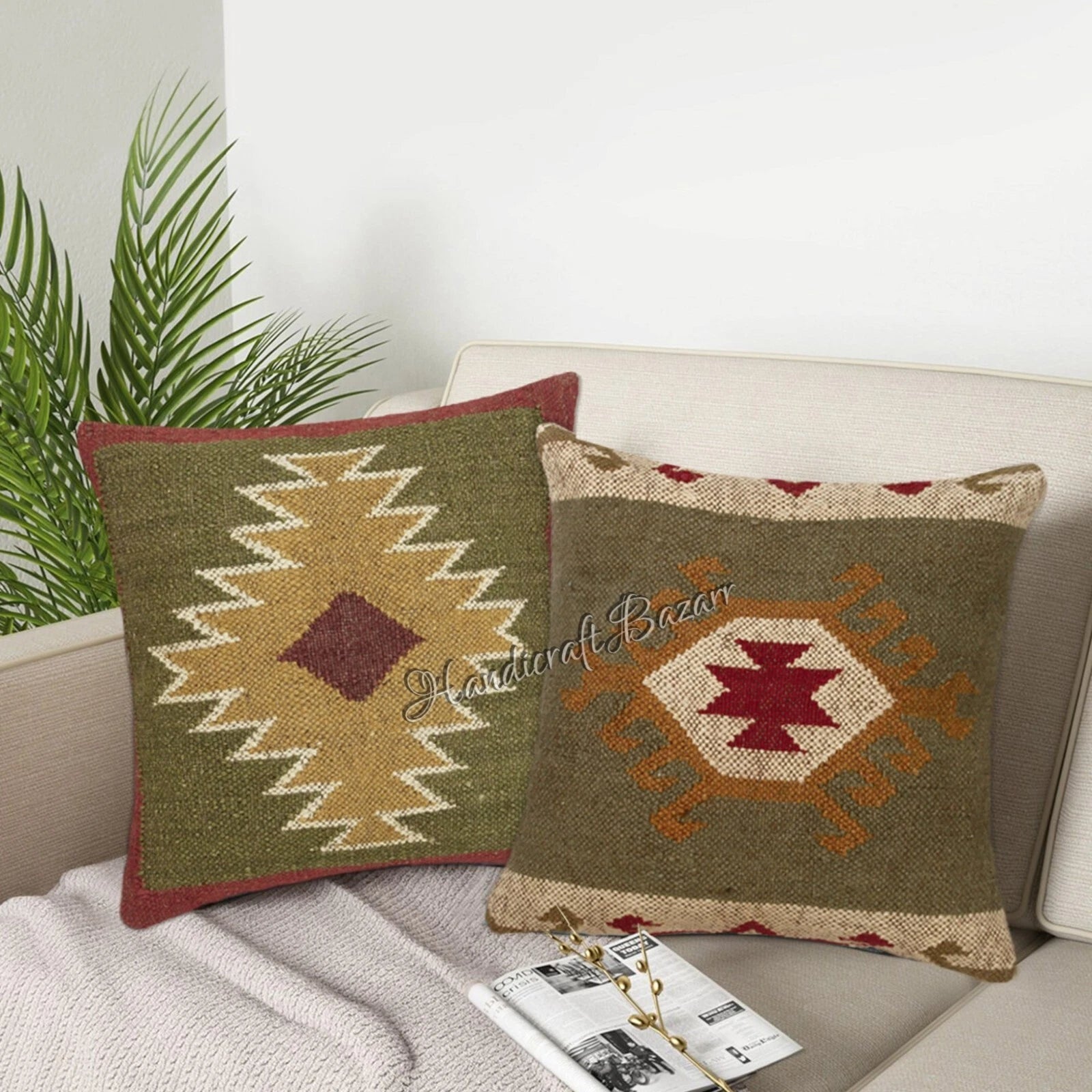 Hallway Docor Sofa Sham Pillowcase Indian Kilim Cushion Cover 2 Pc Wool jute 18"