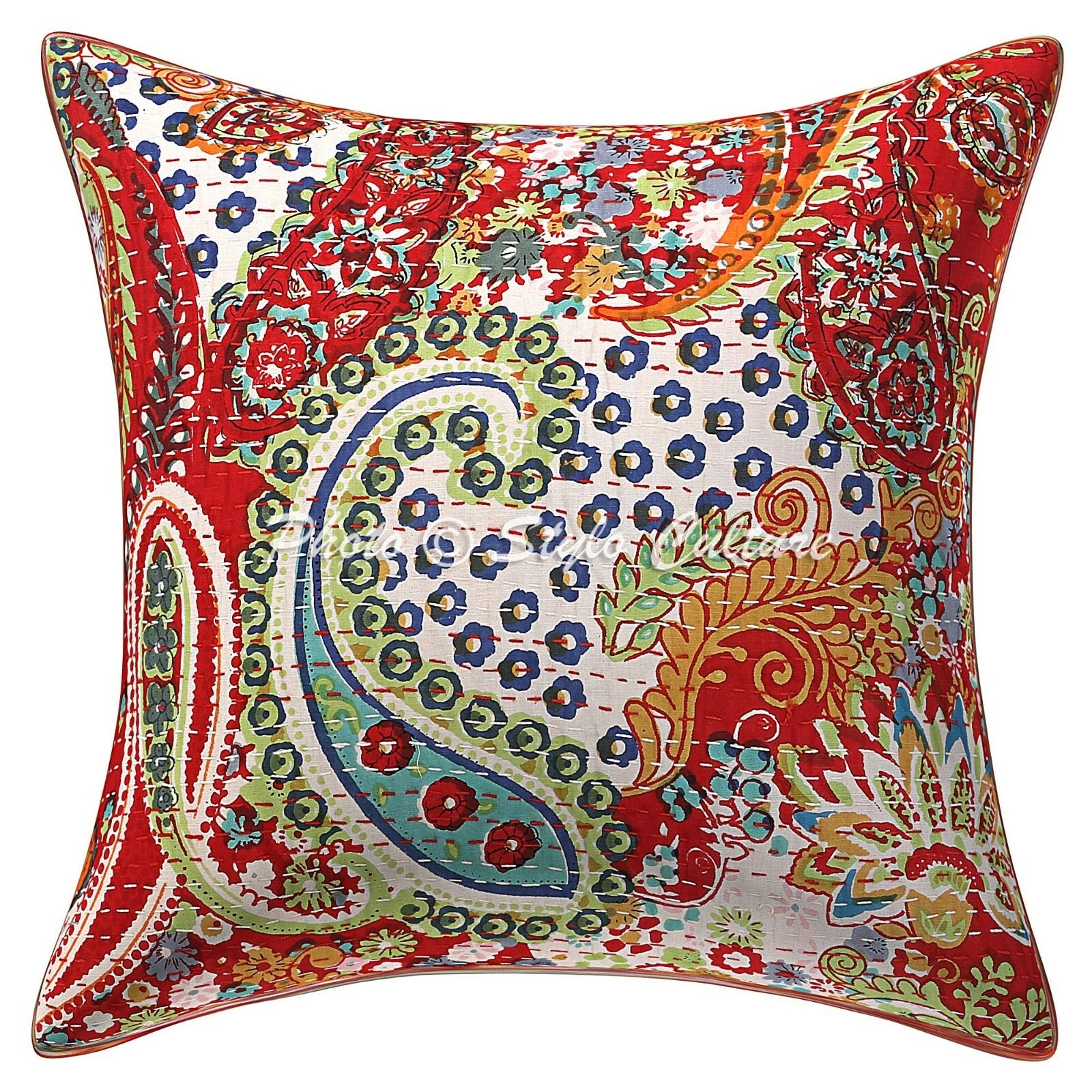 Decorative Kantha Cushion Cover Indian Cotton Paisley Sofa Bedding Pillow Case