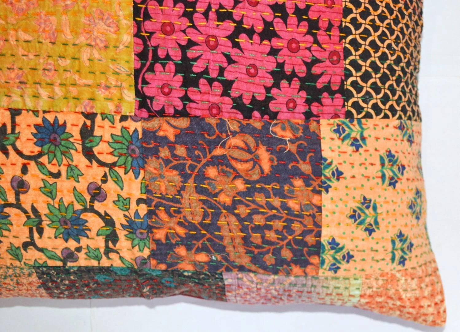 24" Large Indian Art Kantha Embroidered Patchwork Sofa Cushion/Pillow Cover