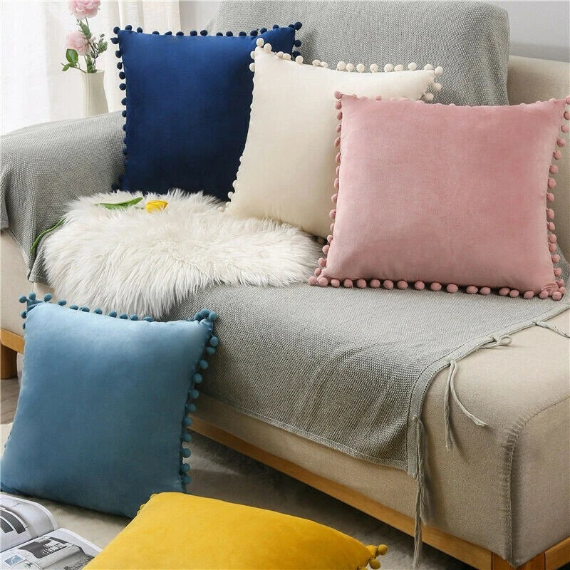 Pom Pom Velvet Cushion Covers Soft Sofa Bed Pillow Cases Home Decor 18" x 18"