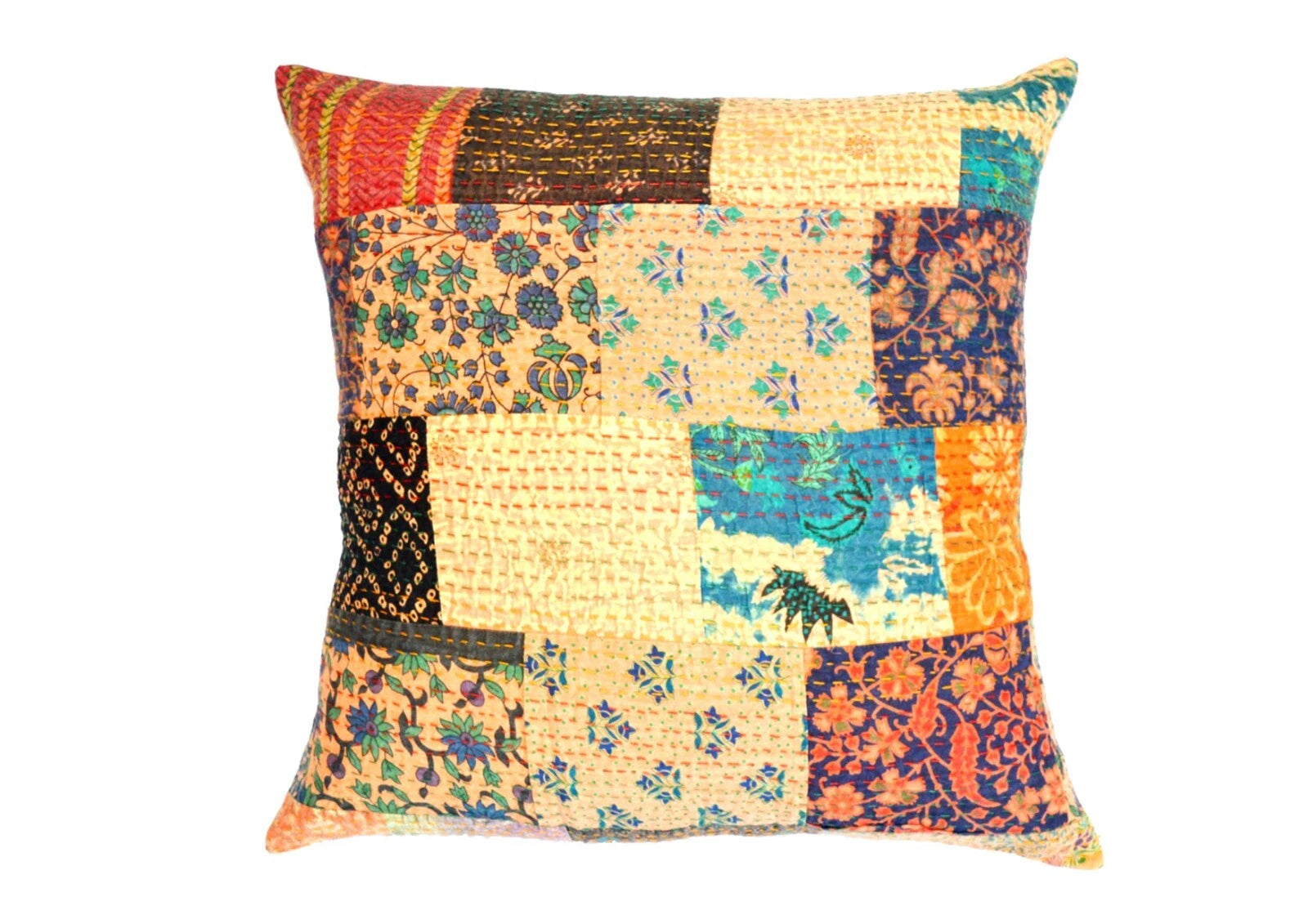 24" Large Indian Art Kantha Embroidered Patchwork Sofa Cushion/Pillow Cover