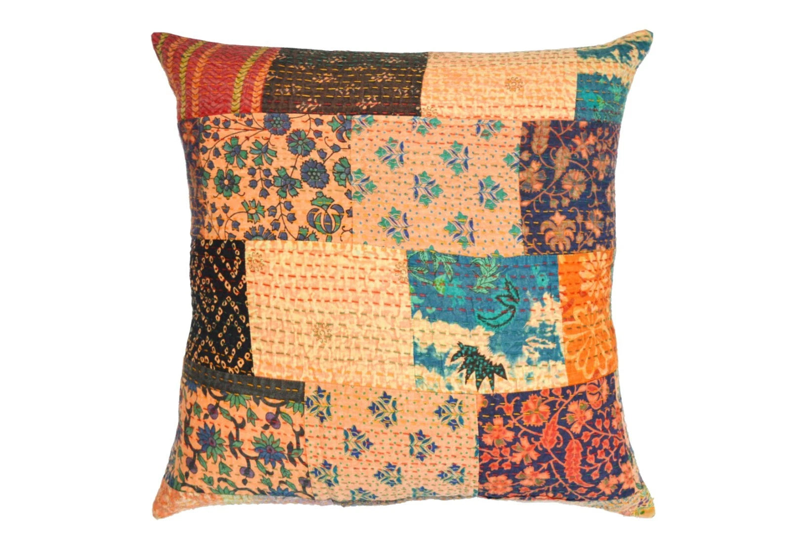 24" Large Indian Art Kantha Embroidered Patchwork Sofa Cushion/Pillow Cover