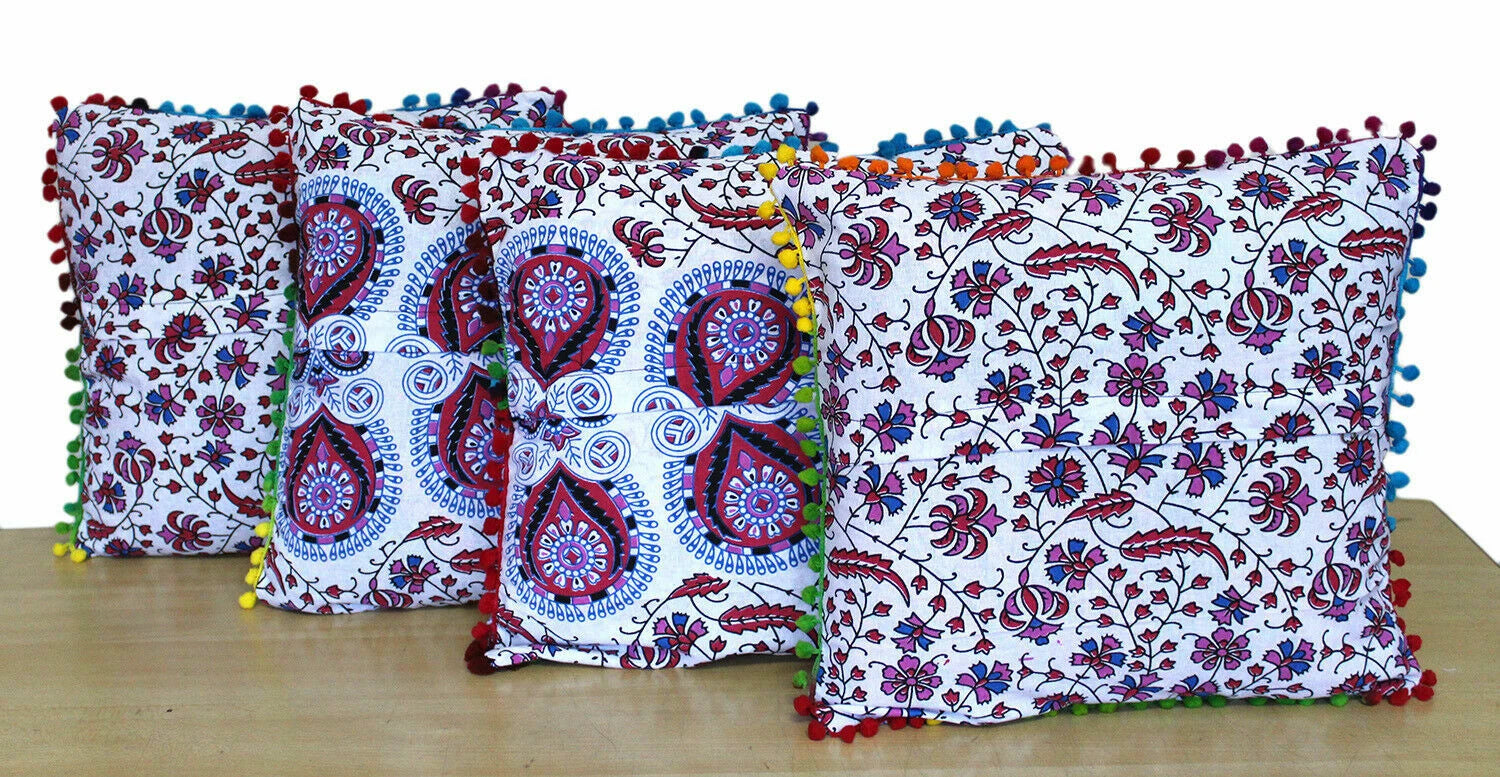 Mandala Square Pillowcase 16x16" Handmade Cotton Pom Pom Cushion Covers Sofa bed