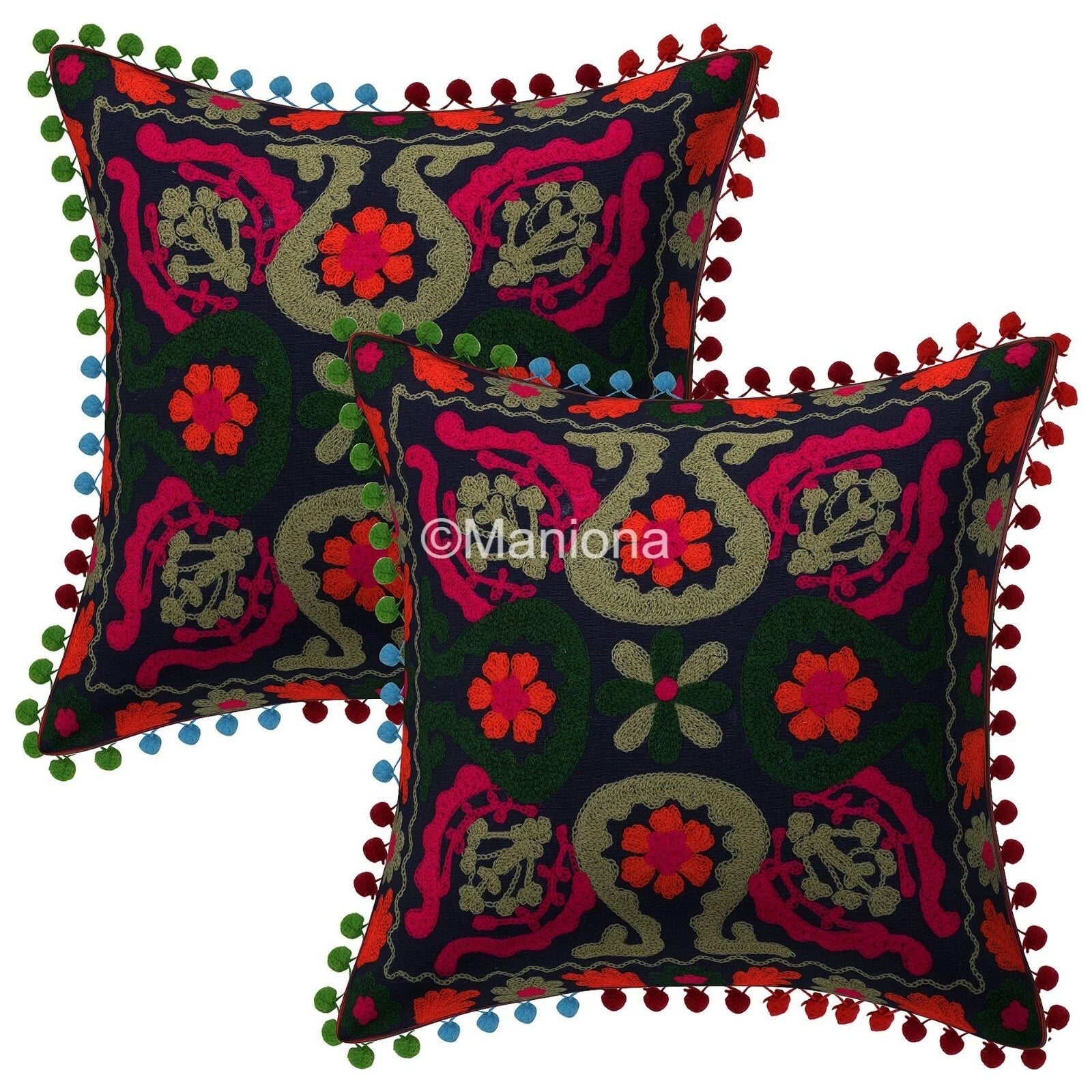 Indian Suzani Black Pillow Cover Embroidered Bed/Sofa Decor Set of 2 pc CUSHION