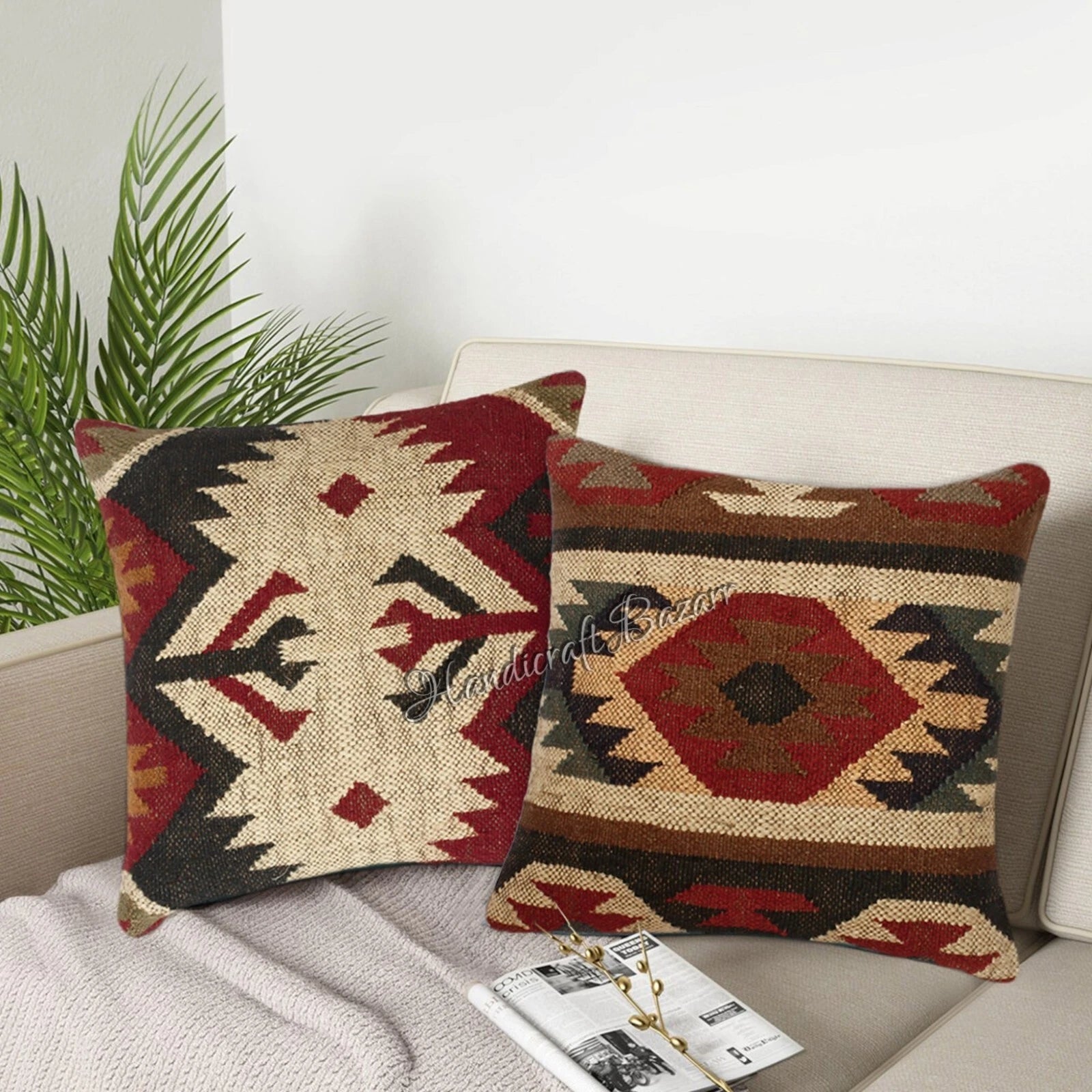 Hallway Docor Sofa Sham Pillowcase Indian Kilim Cushion Cover 2 Pc Wool jute 18"