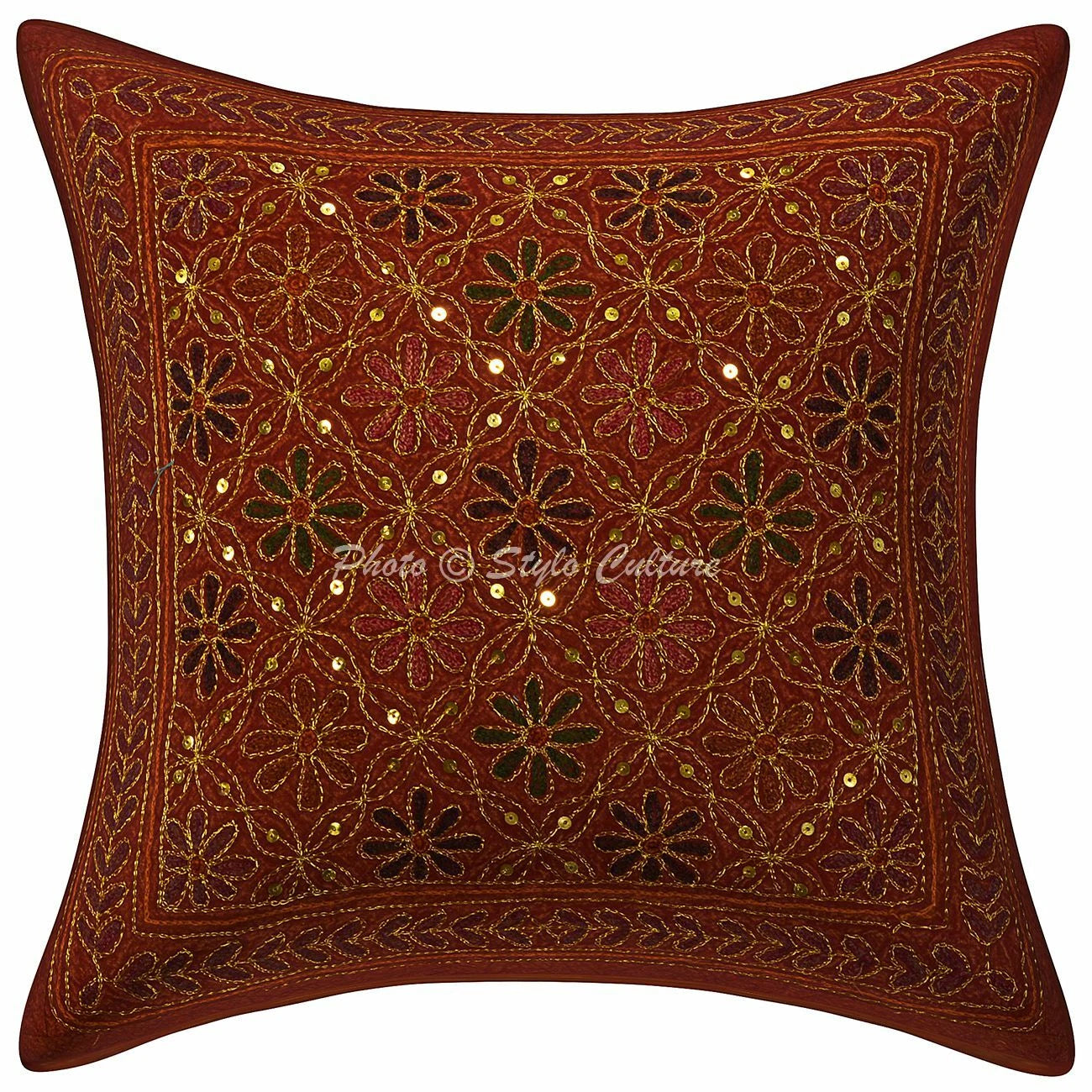 Indian Zari Embroidered Cotton Throw Cushion Cover Floral Sofa Pillowcase Boho