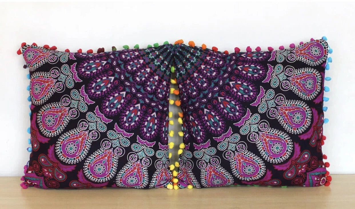 Mandala Square Pillowcase 16x16" Handmade Cotton Pom Pom Cushion Covers Sofa bed