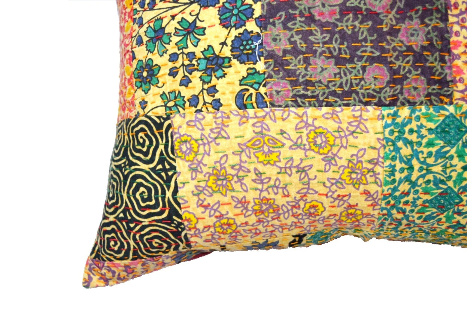 24" Large Bohemian Kantha Embroidered Art Patchwork Sofa Cushion/Pillow Cover