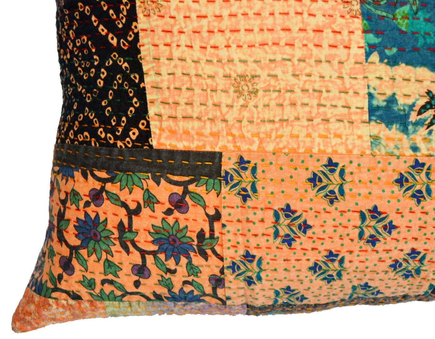 24" Large Indian Art Kantha Embroidered Patchwork Sofa Cushion/Pillow Cover
