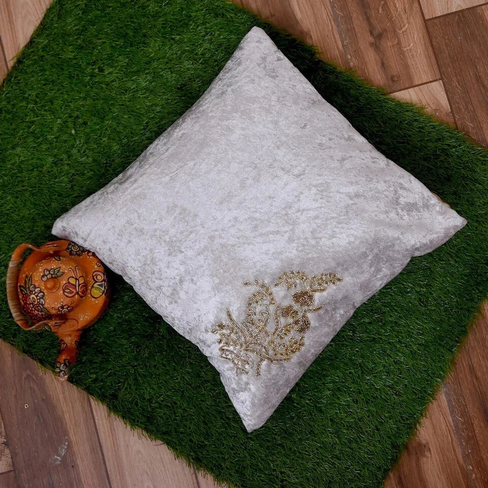 Crushed Velvet Pillow Cushion Hand Embroidered Gold Flowers, 16” Sofa Décor