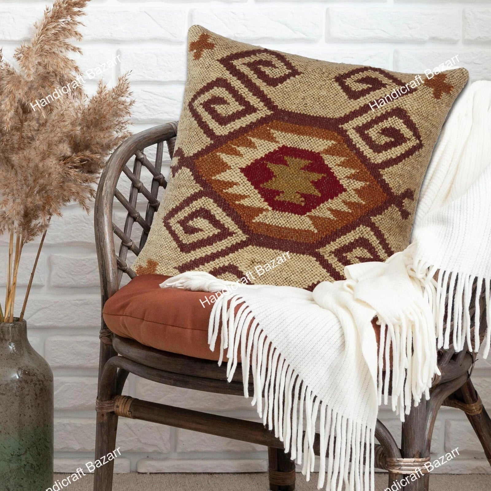 Indian Jute Cushion cover 18x18 inch Vinatge Handwoven Pillow Sham For Sofa chai