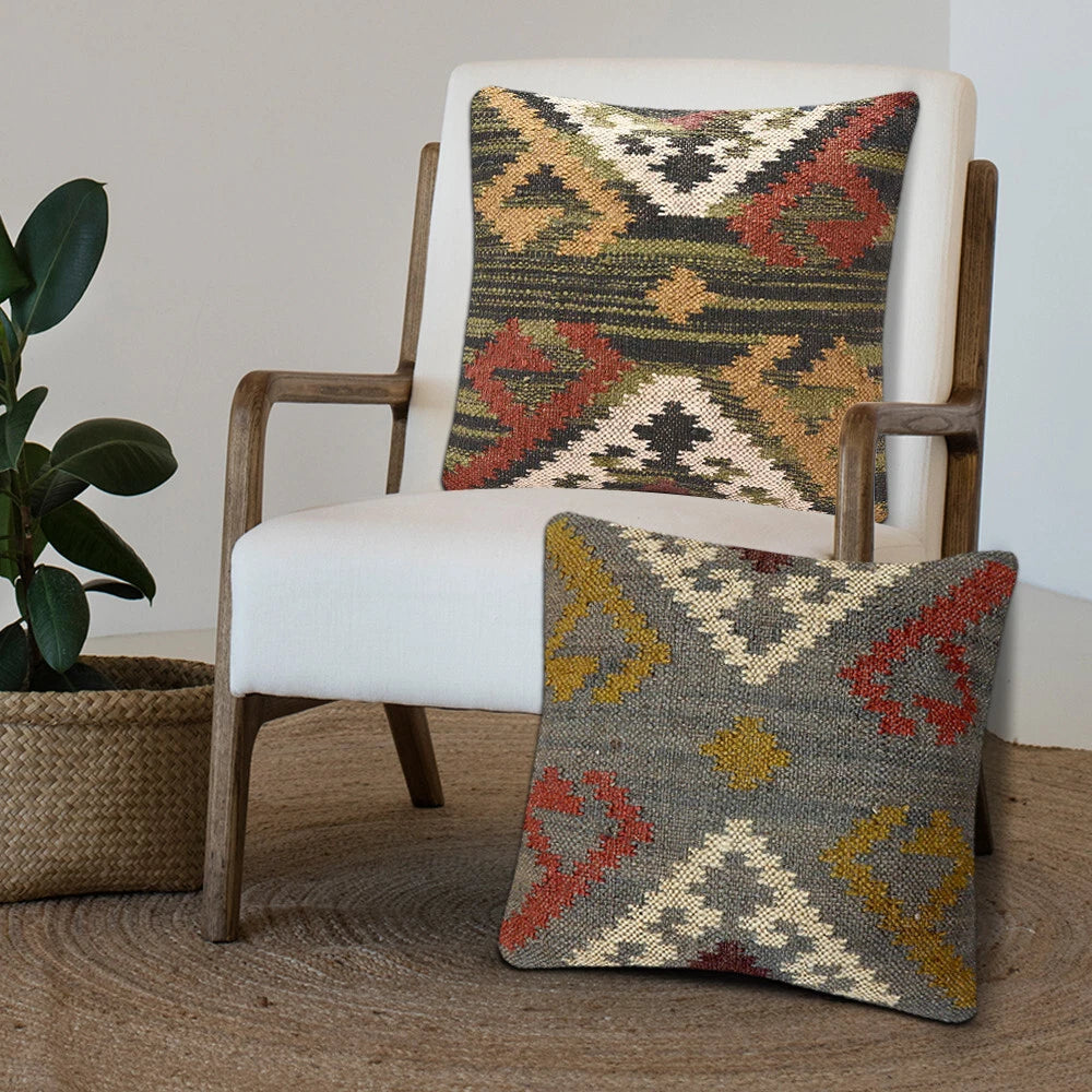 Handwoven Woll Jute Cushion Cover 18x18 Vinatge Sofa Pillow Case Kilim Chair Pad