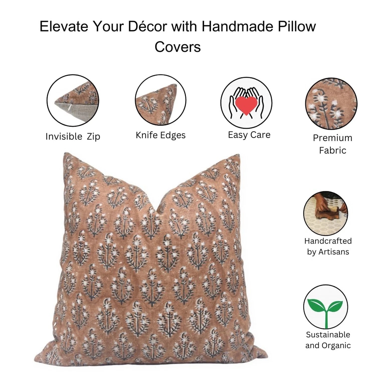 Handmade Block Print Thick Linen 22X22 Inches Vintage Pillowcase Cushion Cove...