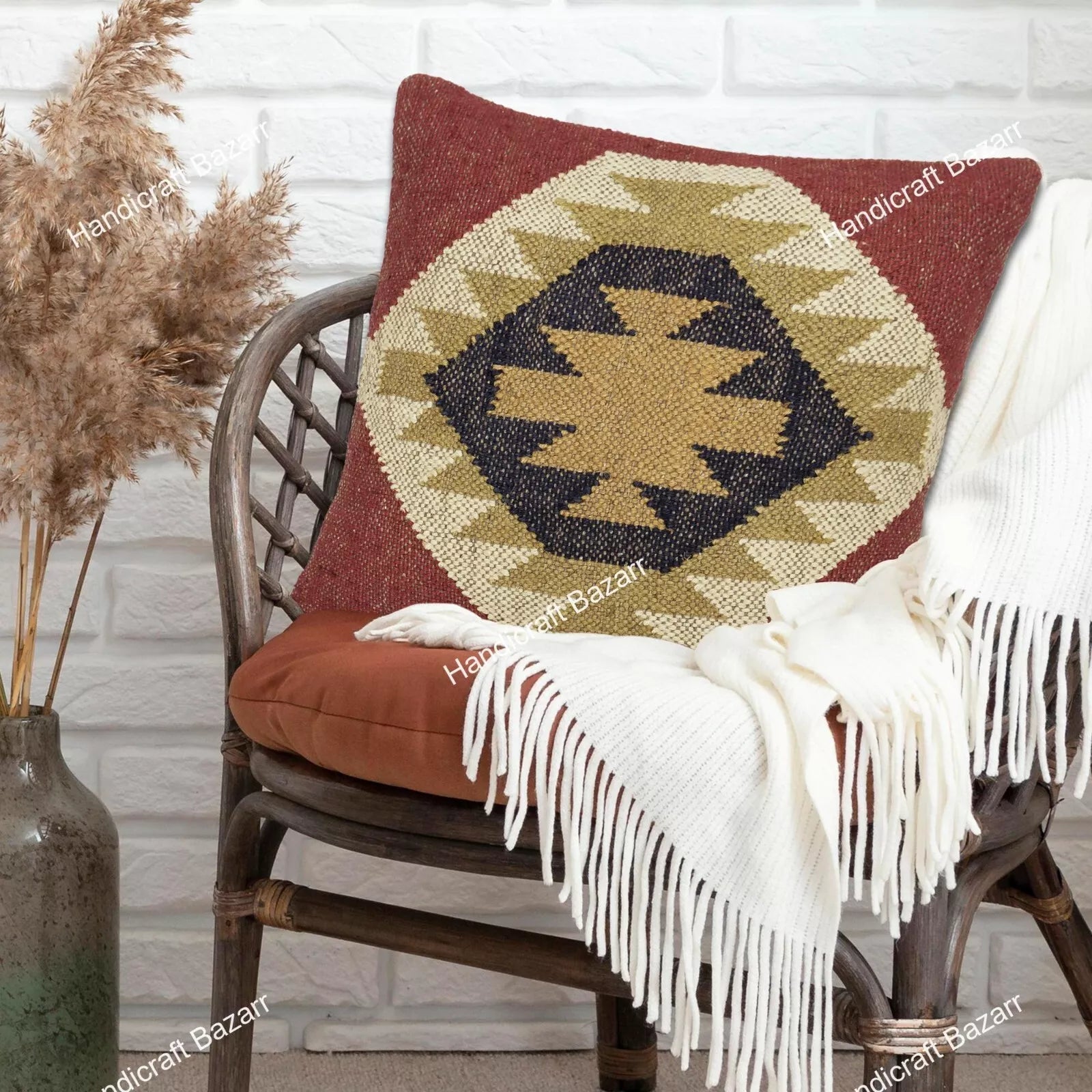 Indian Jute Cushion cover 18x18 inch Vinatge Handwoven Pillow Sham For Sofa chai