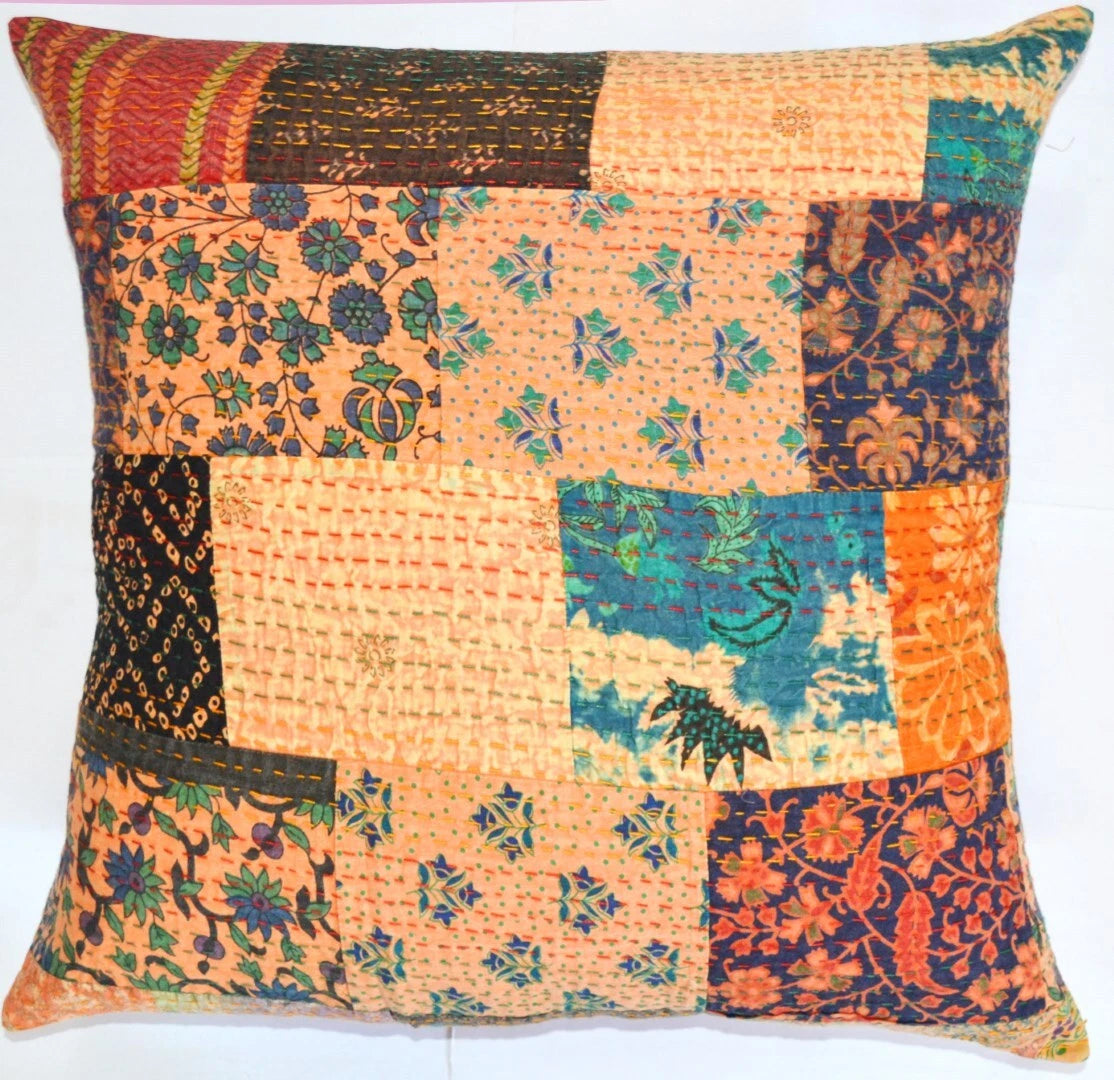 24" Large Indian Art Kantha Embroidered Patchwork Sofa Cushion/Pillow Cover