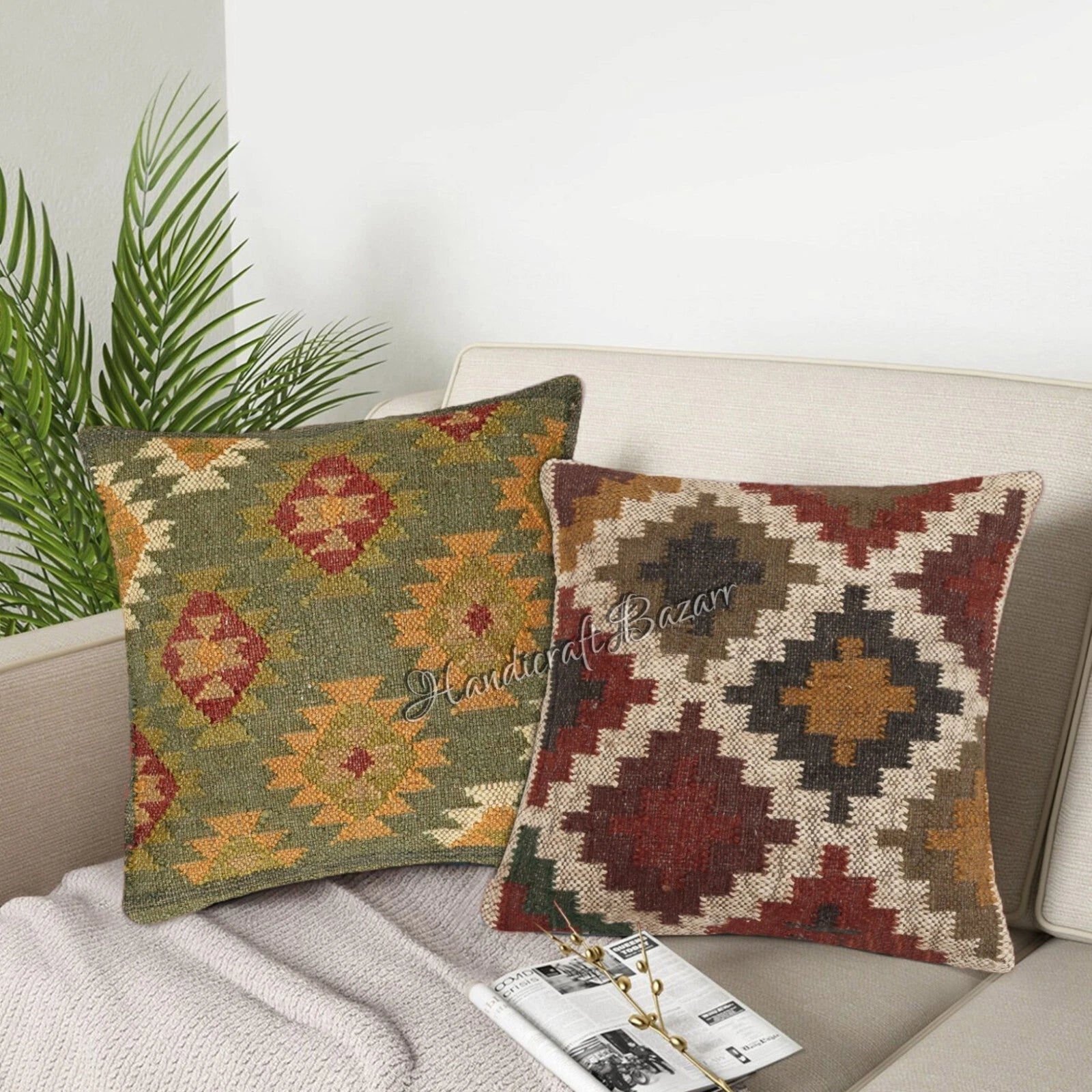 Rustic 2 Pc Kilim Cushion Cover Wool Jute Pillow Living Room Sofa Decor Boho Cas
