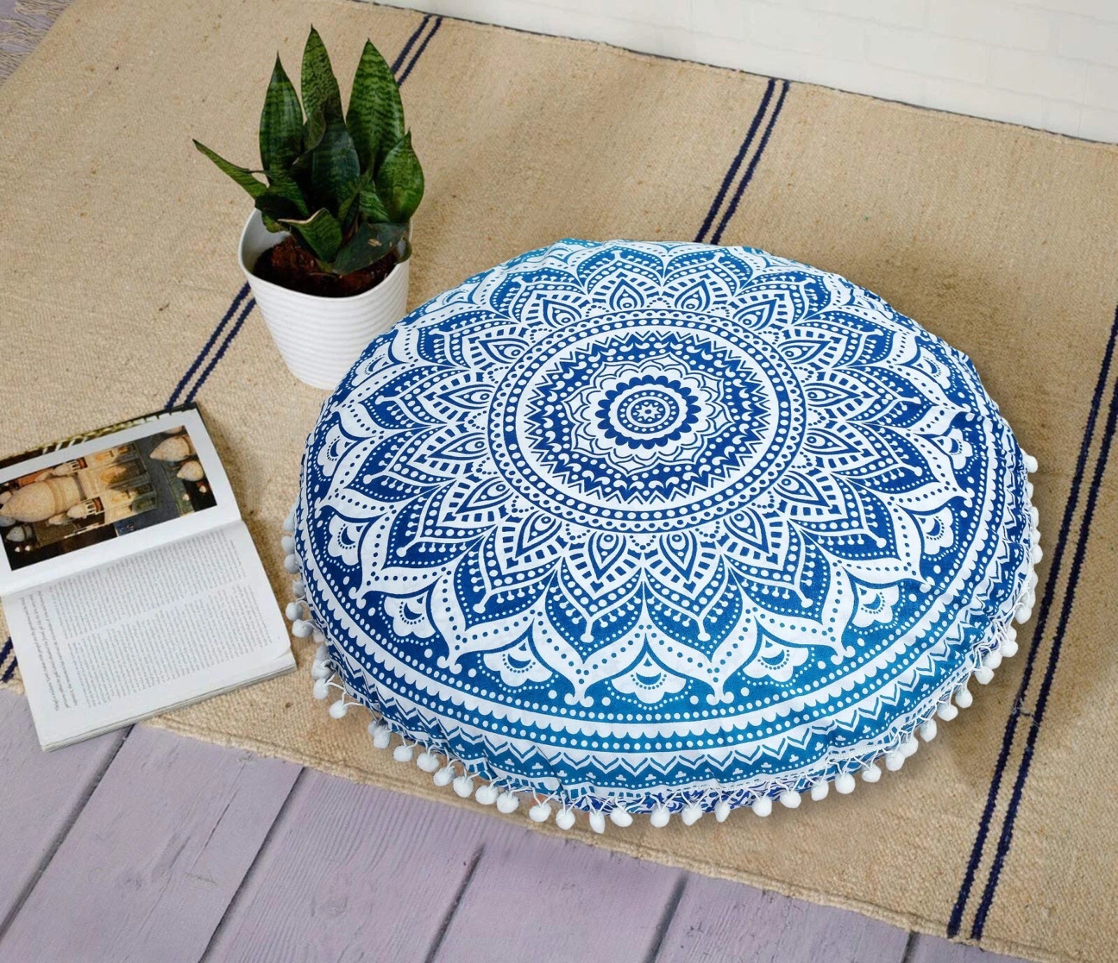Blue Round Boho Cushion Cover Meditation Indian Cotton Sofa Bed Pillowcase 55cm