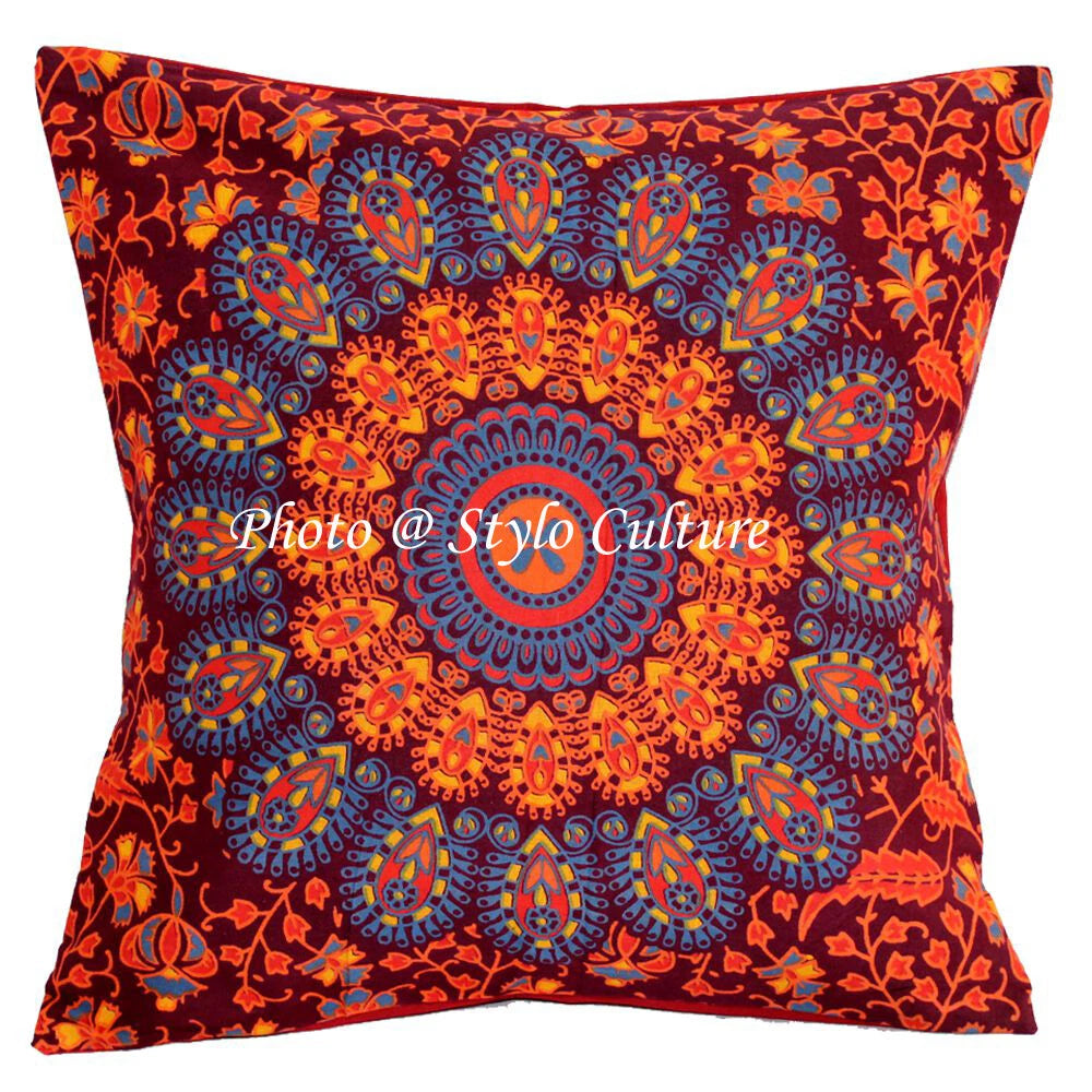 Indian Cotton Sofa Pillow Covers Cases Maroon 16 x 16 Printed Mandala Set Of 2