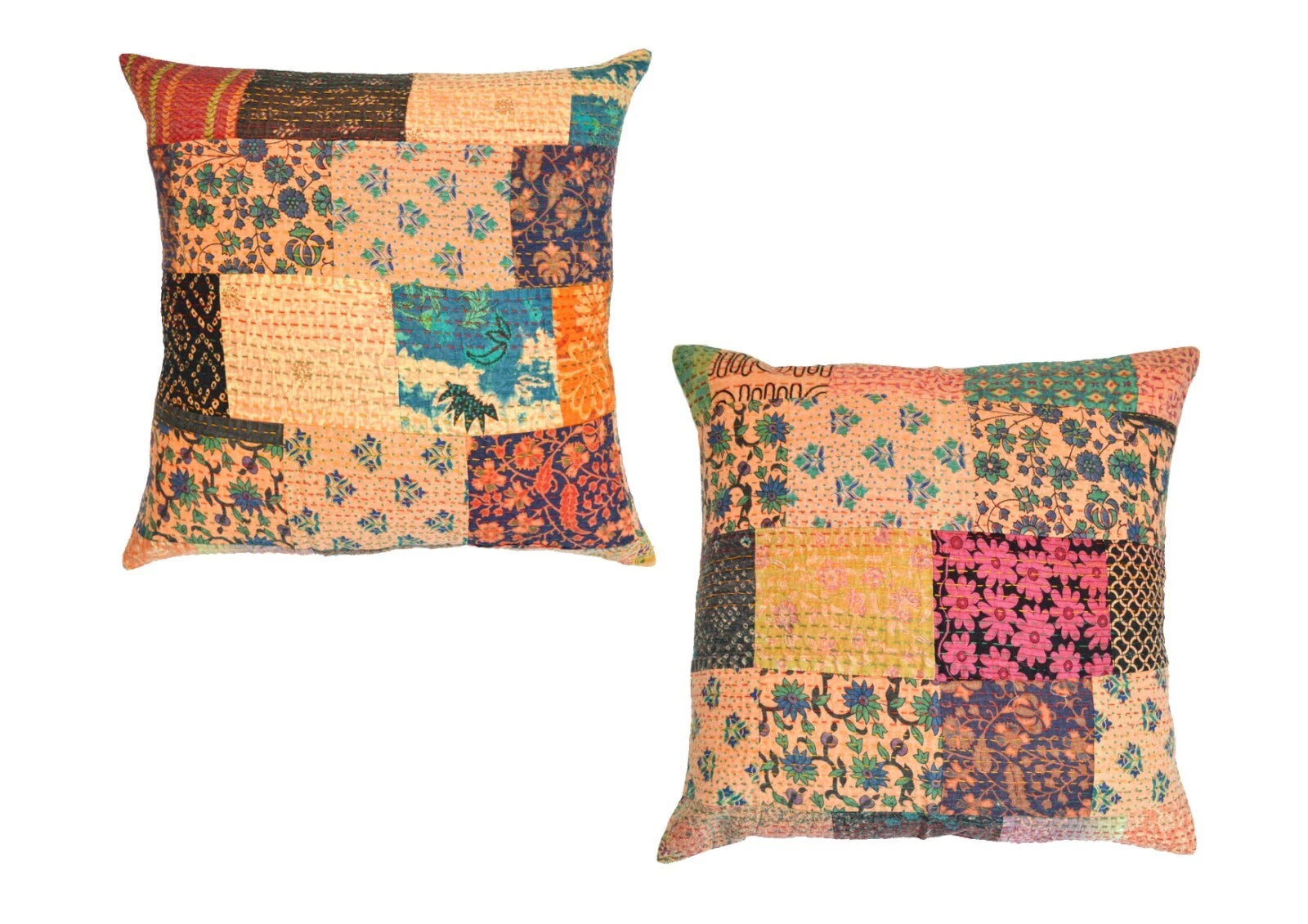 24" Large Indian Art Kantha Embroidered Patchwork Sofa Cushion/Pillow Cover