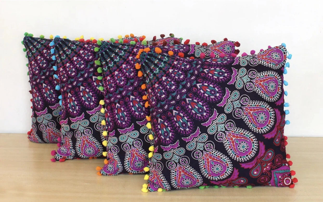 Mandala Square Pillowcase 16x16" Handmade Cotton Pom Pom Cushion Covers Sofa bed