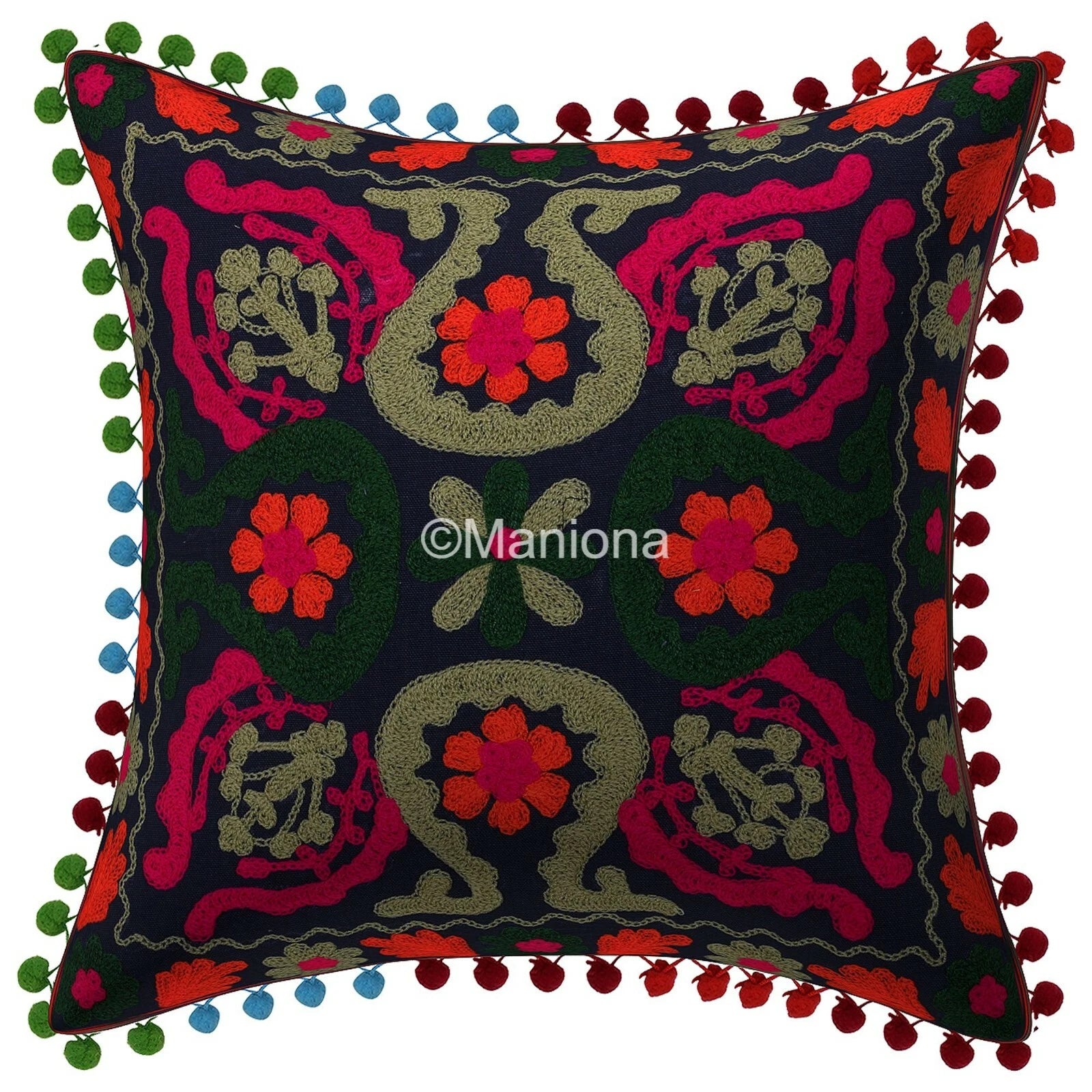 Indian Suzani Black Pillow Cover Embroidered Bed/Sofa Decor Set of 2 pc CUSHION