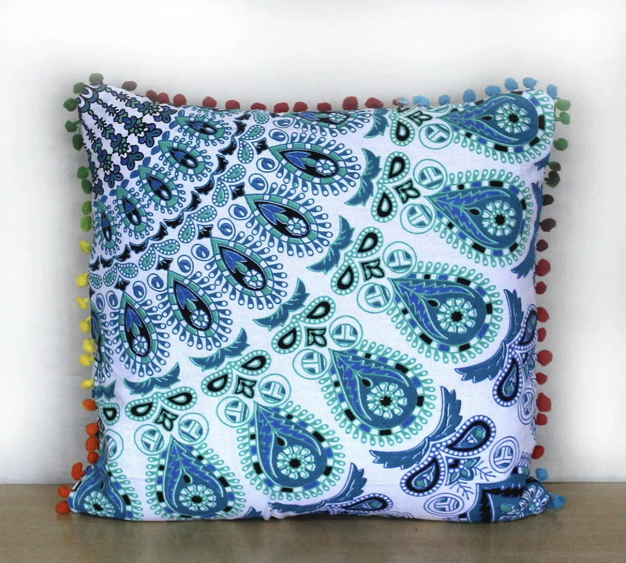 Mandala Square Pillowcase 16x16" Handmade Cotton Pom Pom Cushion Covers Sofa bed