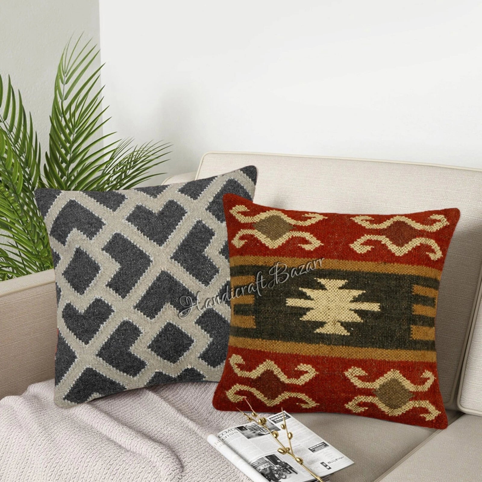 Rustic 2 Pc Kilim Cushion Cover Wool Jute Pillow Living Room Sofa Decor Boho Cas