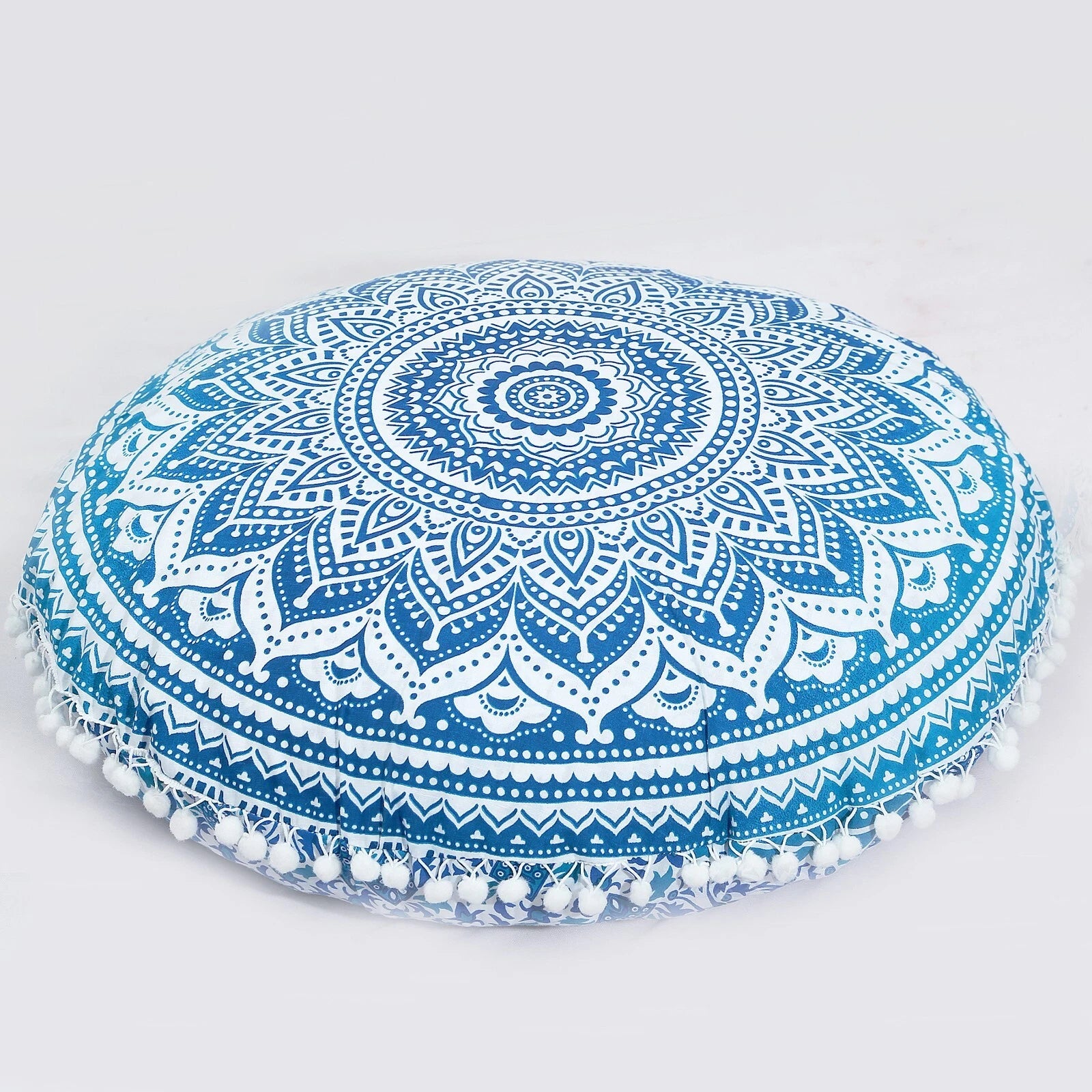 Blue Round Boho Cushion Cover Meditation Indian Cotton Sofa Bed Pillowcase 55cm