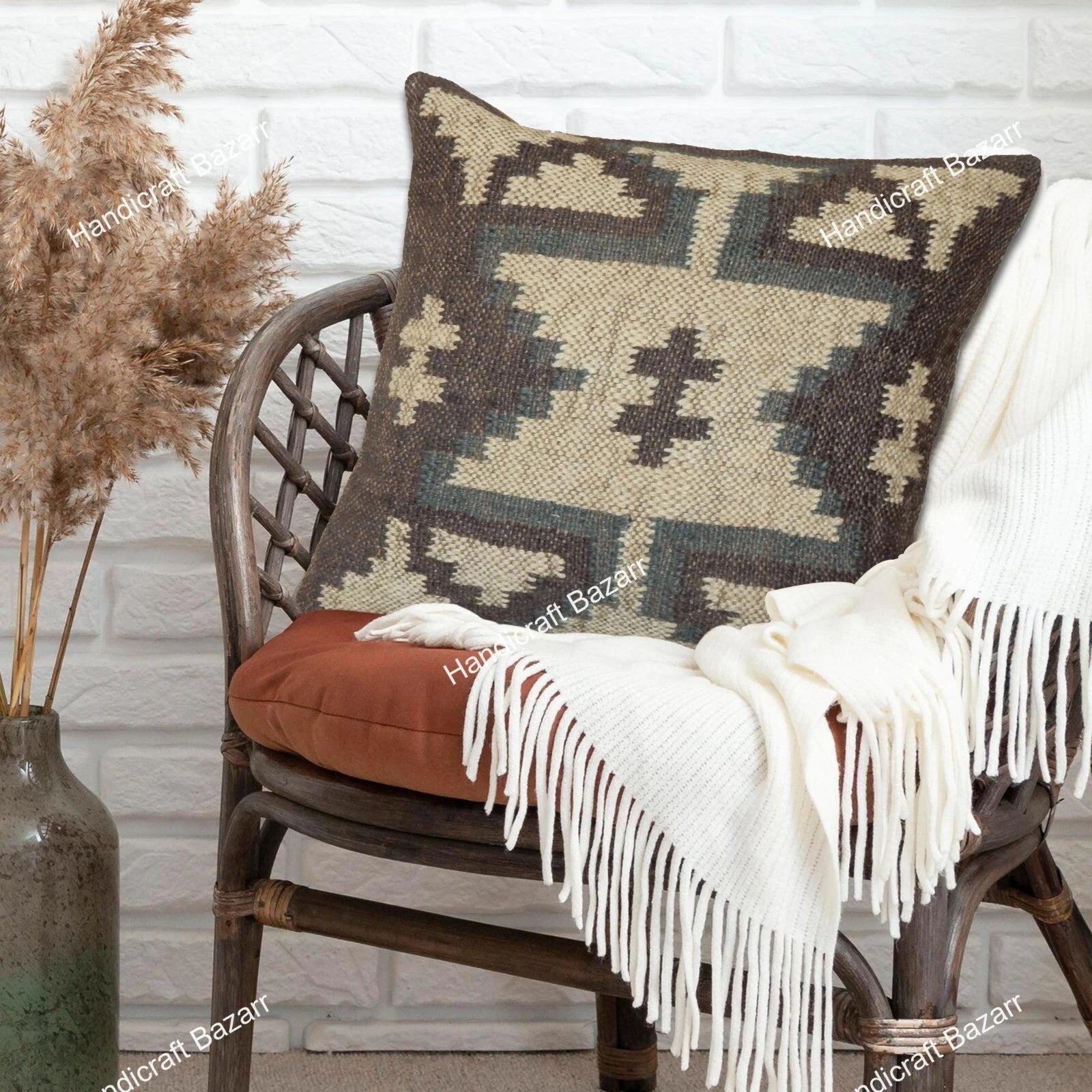 Indian Jute Cushion cover 18x18 inch Vinatge Handwoven Pillow Sham For Sofa chai