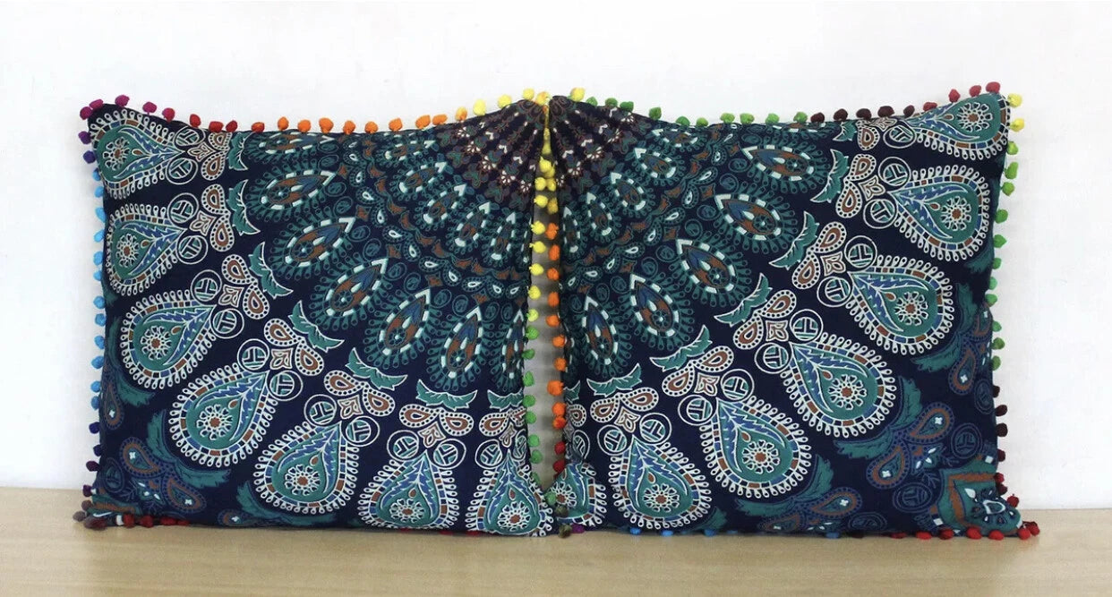 Mandala Square Pillowcase 16x16" Handmade Cotton Pom Pom Cushion Covers Sofa bed