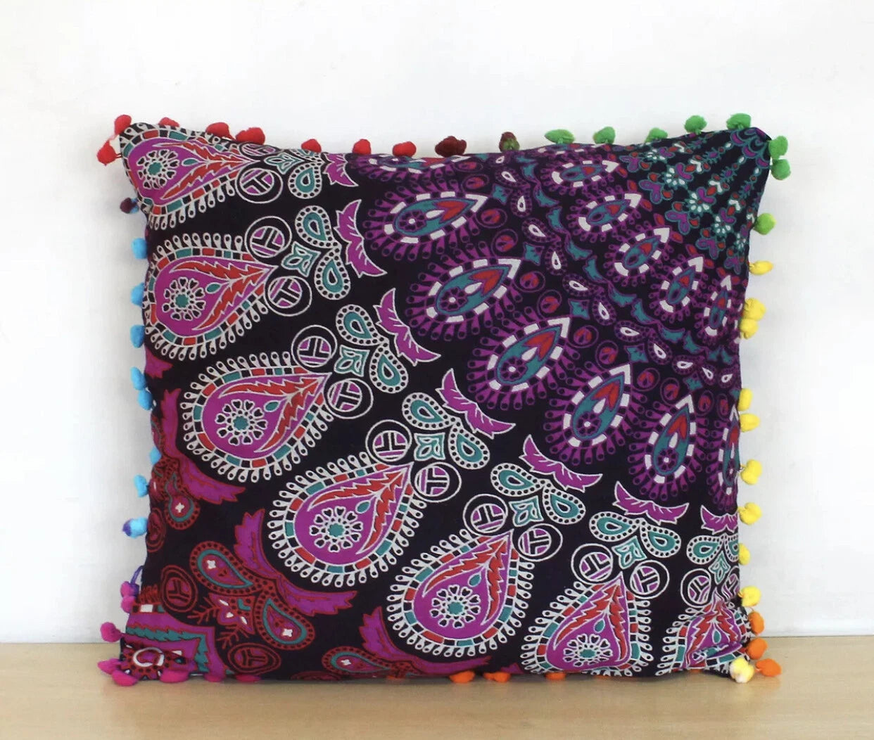 Mandala Square Pillowcase 16x16" Handmade Cotton Pom Pom Cushion Covers Sofa bed