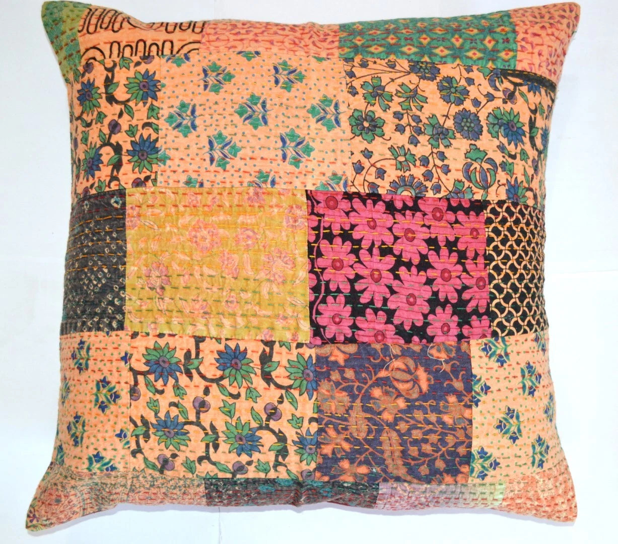 24" Large Indian Art Kantha Embroidered Patchwork Sofa Cushion/Pillow Cover