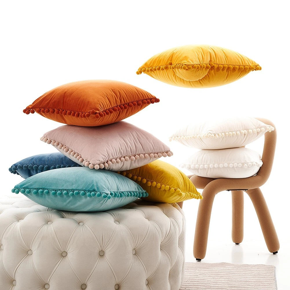 Pom Pom Velvet Cushion Covers Soft Sofa Bed Pillow Cases Home Decor 18" x 18"