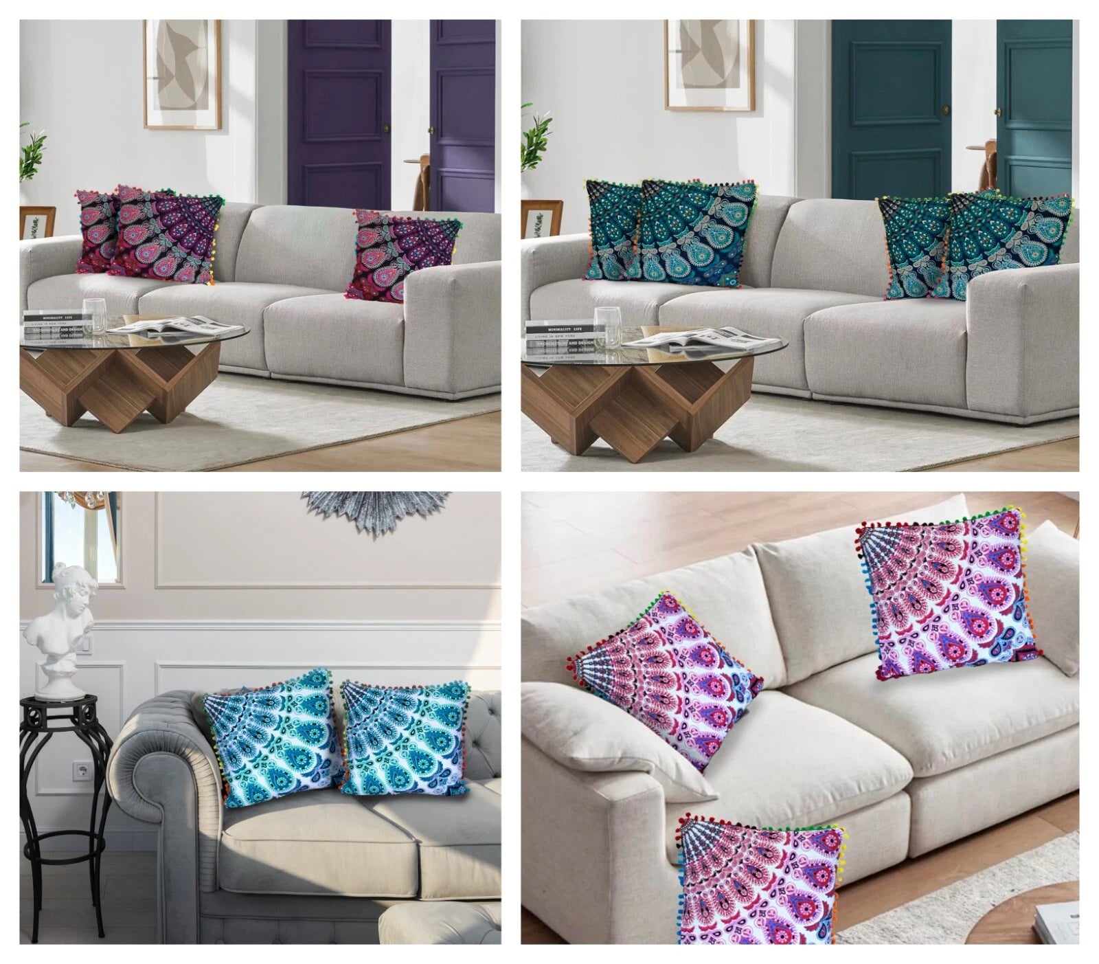 Mandala Square Pillowcase 16x16" Handmade Cotton Pom Pom Cushion Covers Sofa bed