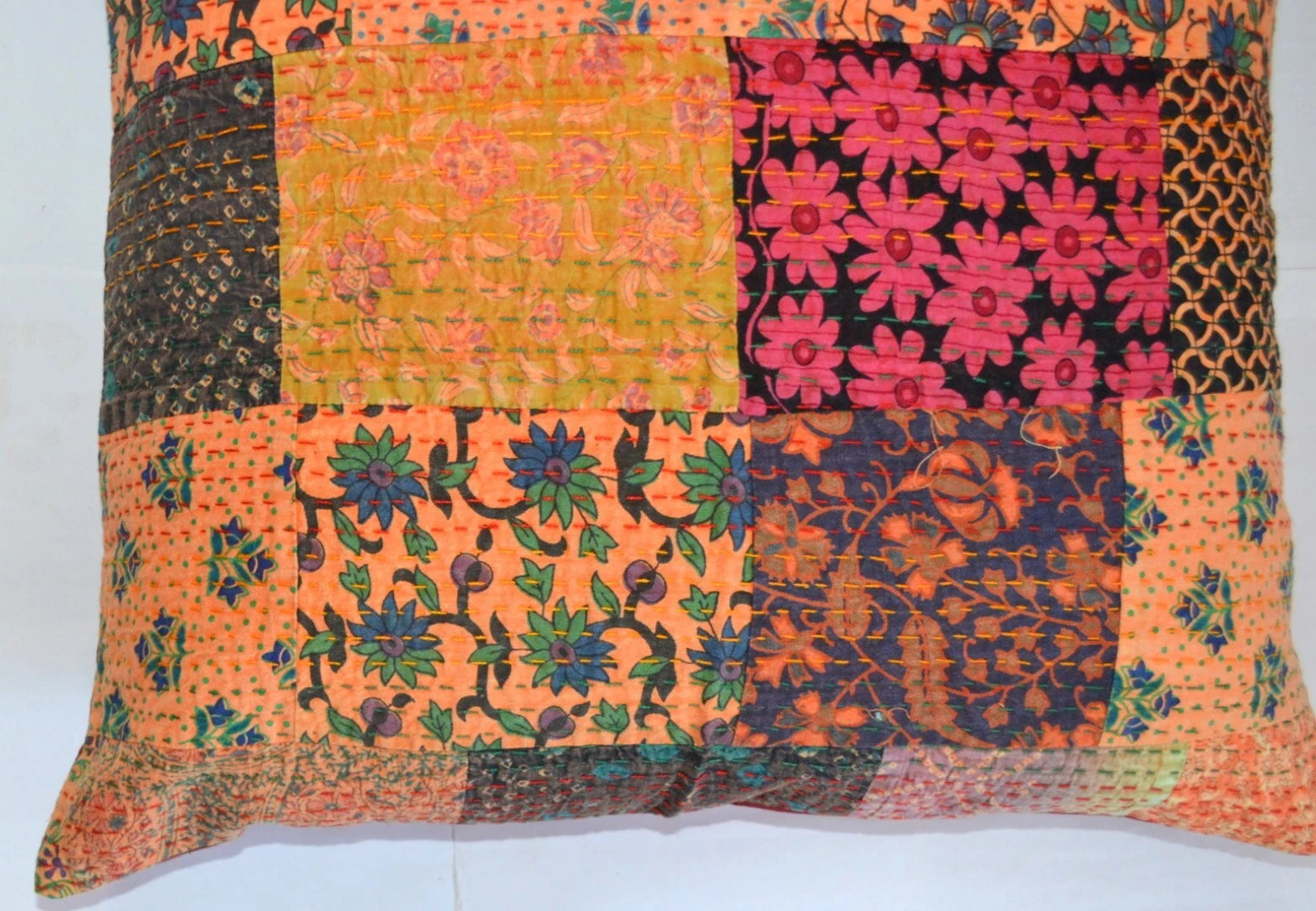 24" Large Indian Art Kantha Embroidered Patchwork Sofa Cushion/Pillow Cover
