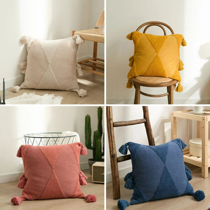 Cushion Cover Knitted Pillow Case Sofa Bed Throw Waist With Pom Pom Ball 45x45cm