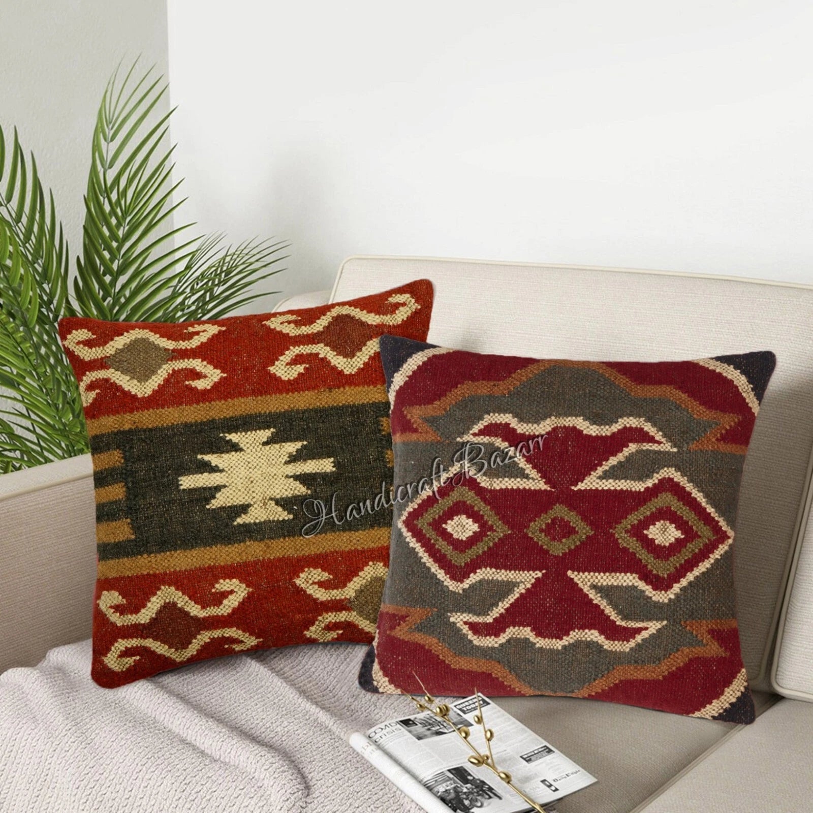 Hallway Docor Sofa Sham Pillowcase Indian Kilim Cushion Cover 2 Pc Wool jute 18"