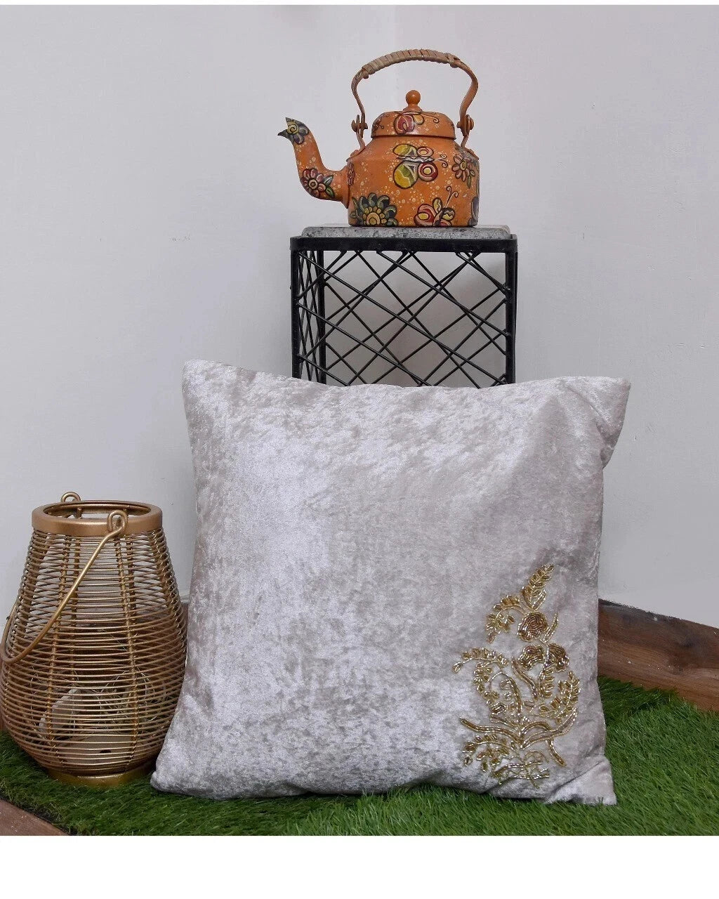 Crushed Velvet Pillow Cushion Hand Embroidered Gold Flowers, 16” Sofa Décor