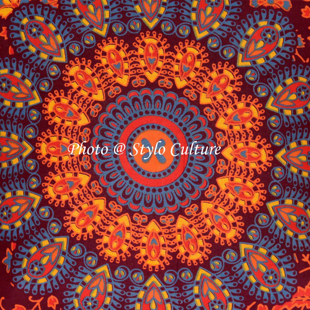 Indian Cotton Sofa Pillow Covers Cases Maroon 16 x 16 Printed Mandala Set Of 2