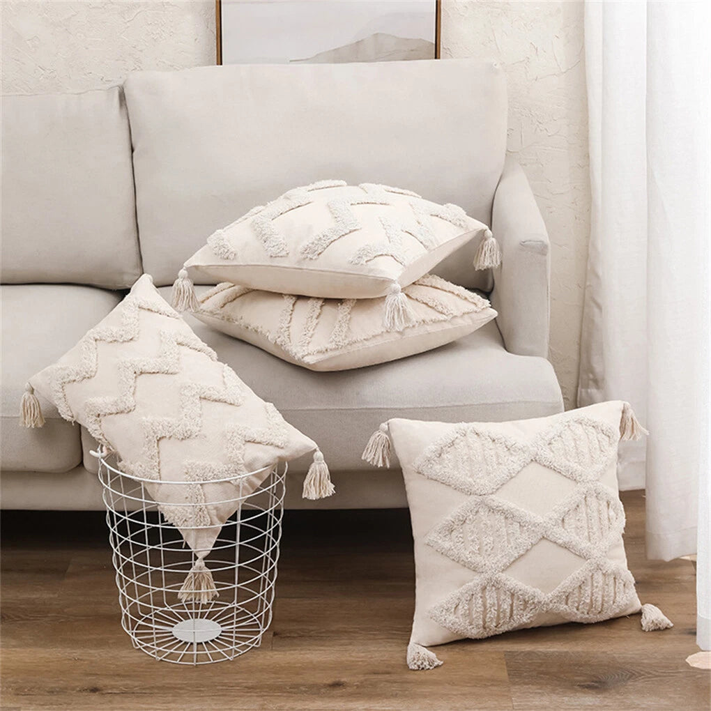 Boho Moroccan Throw Pillow Covers w/ Tassel Tufted Sofa Bed Cushion Cases Home