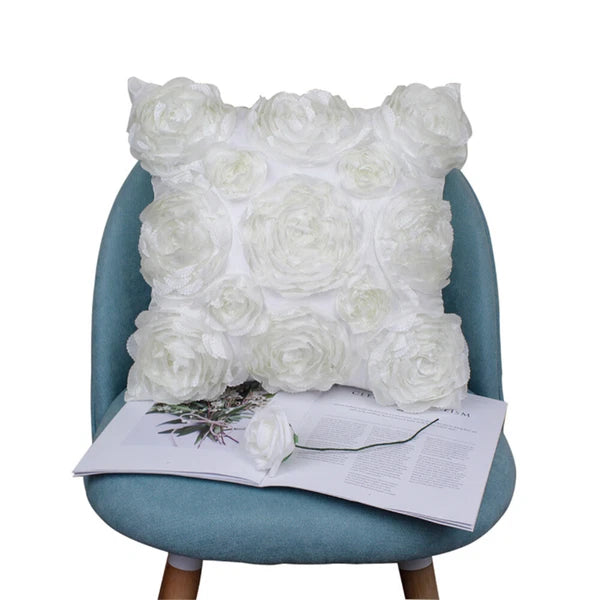 3D Flower Rose Pattern Linen Cushion Cover Pillowcase Sofa Decor Square 16.5”