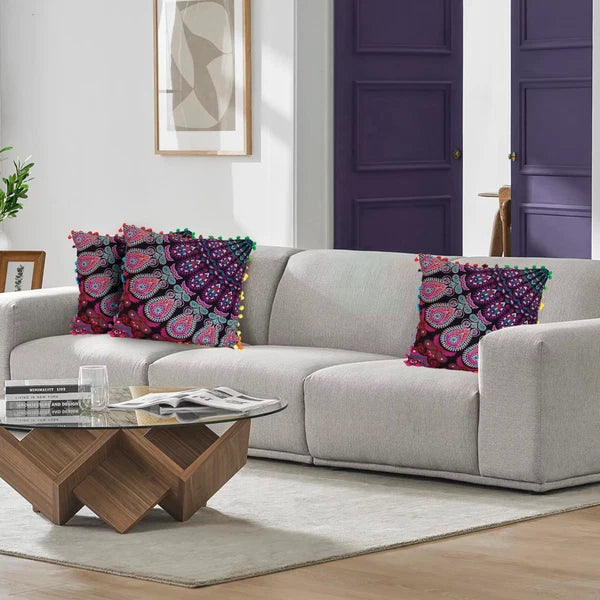 Mandala Square Pillowcase 16x16" Handmade Cotton Pom Pom Cushion Covers Sofa bed