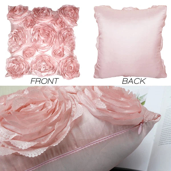 3D Flower Rose Pattern Linen Cushion Cover Pillowcase Sofa Decor Square 16.5”
