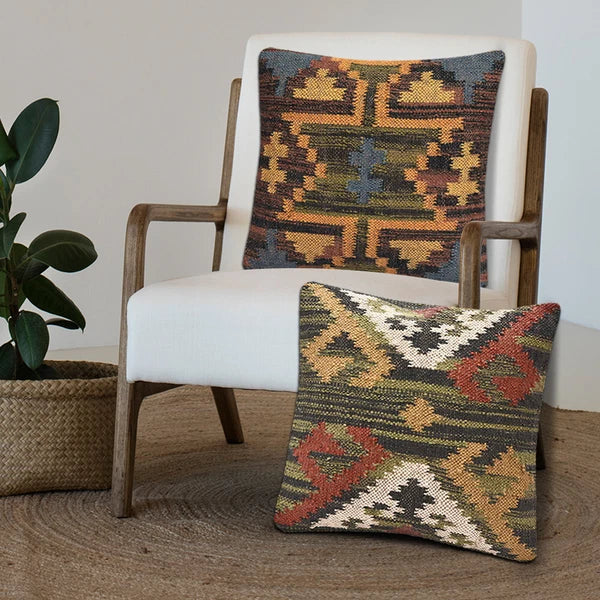 Handwoven Woll Jute Cushion Cover 18x18 Vinatge Sofa Pillow Case Kilim Chair Pad