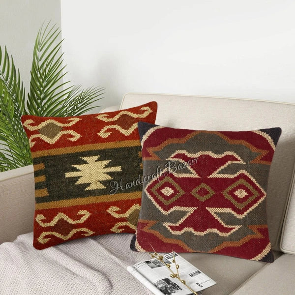 Rustic 2 Pc Kilim Cushion Cover Wool Jute Pillow Living Room Sofa Decor Boho Cas