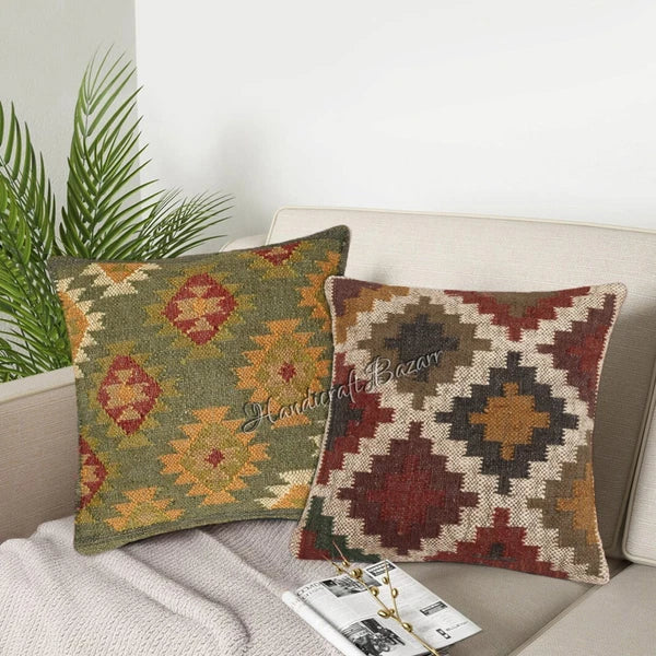 Hallway Docor Sofa Sham Pillowcase Indian Kilim Cushion Cover 2 Pc Wool jute 18"